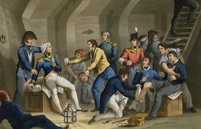 Il Cockpit, Battaglia del Nilo, che mostra Nelson ferito nella battaglia, inciso da Matthew Dubourg (fl.1813-20) da 