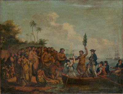 Sbarco del Capitano Cook a Middleburg, Isole Amichevoli da William (after) Hodges