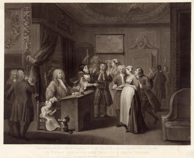 Una donna che giura il suo bambino a un cittadino grave (mezzotinto) da William (after) Hogarth
