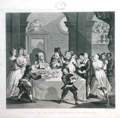 Sancho al banchetto affamato dal suo medico, inciso da Thomas Cook (1744-1818) da William (after) Hogarth