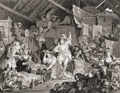 Attori itineranti che provano in un granaio, inciso da G Presbury, da The Works of Hogarth pubblicato a Londra nel 1833 da William (after) Hogarth