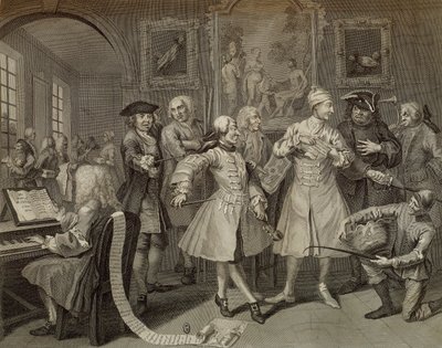 Tom Rakewell circondato da artisti e professori, tavola II da La carriera di un libertino, incisione da dipinto di William Hogarth (1697-1764) da William (after) Hogarth