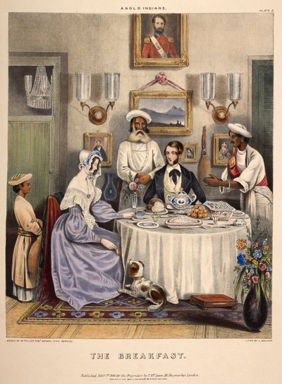 La Colazione. Una giovane coppia sposata (un funzionario civile della Compagnia delle Indie Orientali e sua moglie) che fa colazione con pesce fritto, riso e arance di Sylhet, con i servi in attesa. Litografia di J. Bouvier da William (after) Tayler