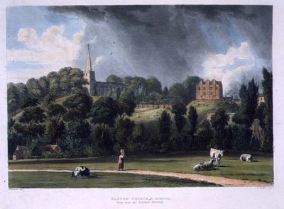 Chiesa e scuola di Harrow vicino ai campi da cricket, da 