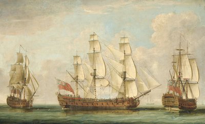 La nave della Compagnia delle Indie Orientali Bessborough in tre posizioni nel Canale con i ponti affollati di persone da William (attr. to) Elliott