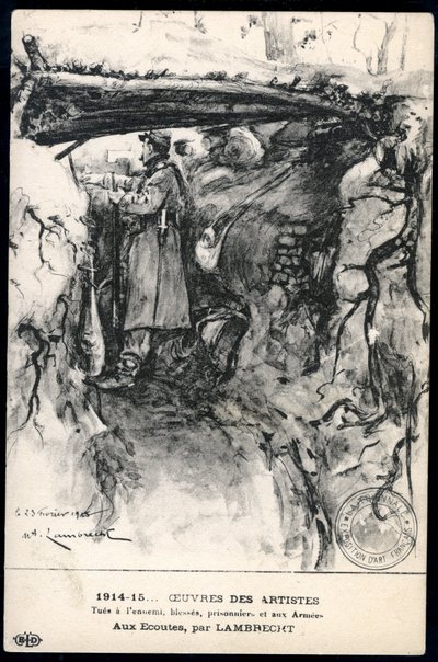 Prima Guerra Mondiale - Guerra 14-18 (1914-1918) - Prima Guerra Mondiale (WWI o WW1): Francia, Mappa patriottica che mostra un disegno di un soldato in una trincea che osserva la linea del fronte, intitolata: 