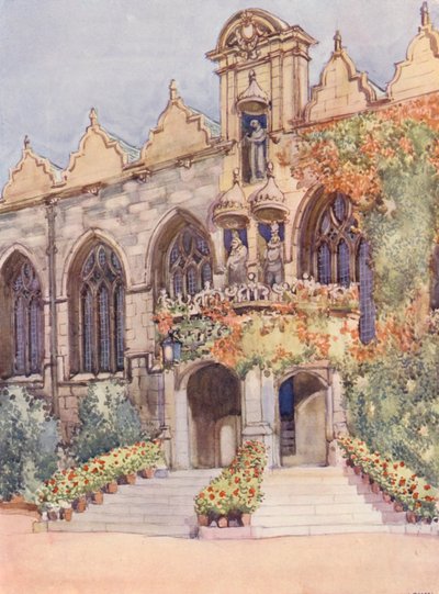 Ingresso alla Sala del Oriel College, con statue della Vergine e del Bambino, Edoardo II, il fondatore nominale del college, e Carlo I, durante il cui regno fu costruita la sala da William Ainsworth Wildman
