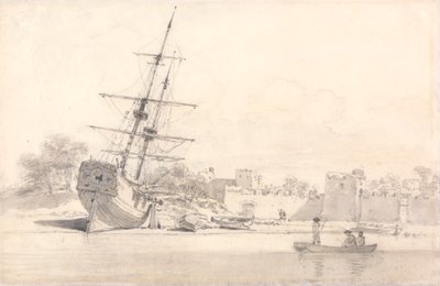 Una Piccola Nave a Vela Tirata su sulla Riva Sotto Alcuni Edifici Fortificati da William Alexander