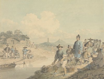 Veduta in Cina: Figure con pagoda e montagna da William Alexander