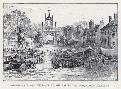 Piazza del Mercato e Ingresso ai Giardini del Castello, Bishop Auckland (incisione) da William Alexander Ansted