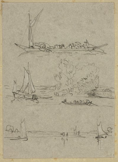 Tre schizzi di barche sul fiume di Düsseldorf da William Alfred Delamotte