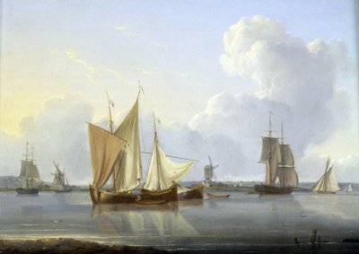 Arrivo a Limehouse, Londra (Inghilterra), varie barche sul Tamigi e un mulino sulla riva, e sulla destra l
