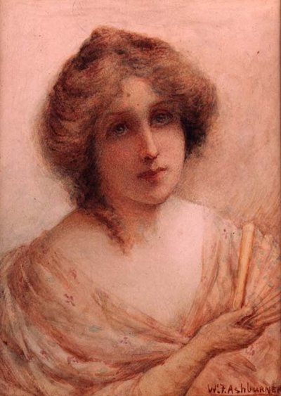 Signora con ventaglio in abito rosa da William Ashburner