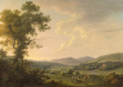 Paesaggio con mietitori e una vista lontana di una casa georgiana da William Ashford