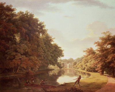 Punt sul Fiume Clodiagh a Charleville Forest, Offaly con la Fattoria Castellata e la Latteria Gotica oltre, c.1810 da William Ashford