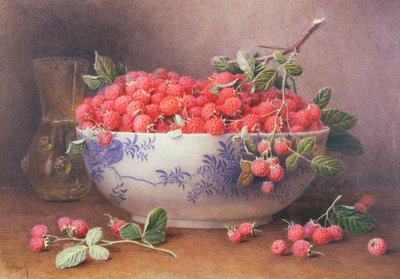 Natura morta di lamponi in una ciotola blu e bianca da William B. Hough