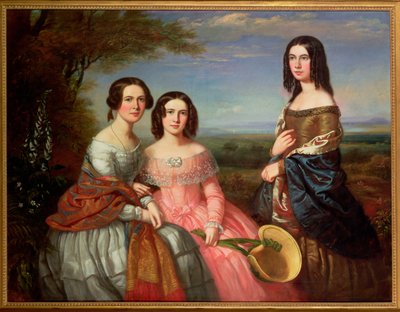 Un ritratto di gruppo di tre ragazze, tre quarti di lunghezza, in un paesaggio, 1849 da William Baker