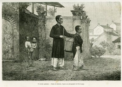 Un mago ambulante, un massaggiatore cieco. Incisione di Barbotin, per illustrare la storia Trenta mesi al Tonchino, nel 1884, del Dottor Paul Hocquard, in le tour du monde 1890, sotto la direzione di Edouard Charton (1807-1890), Hachette, Parigi da William Barbotin