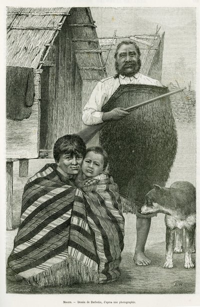 Tre generazioni di Maori. Incisione di Barbotin, per illustrare la storia Voyage a la Nouvelle Zelande, nel 1889, di G.Verschuur, in le tour du monde 1890, diretto da Edouard Charton (1807-1890), Hachette, Parigi. da William Barbotin