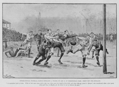 Partita di calcio internazionale (Inghilterra vs Galles) il 6 gennaio, a Birkenhead Park, primo tentativo per l