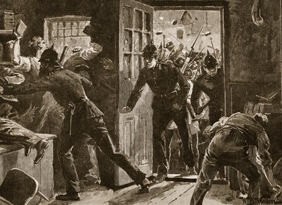 Combattimento a Ennis tra i membri della Lega Nazionale e la polizia, 1886, illustrazione da 