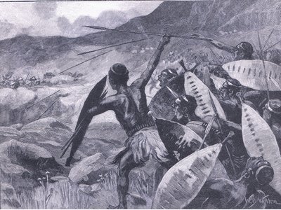 Combattimento nelle colline di Matoppo: carica dei Matabele, illustrazione da Cassells History of England, 1900 da William Barnes Wollen