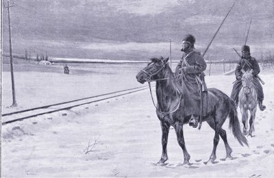 Sorveglianza della ferrovia vicino a Mukden, illustrazione da Cassells History of the Russo-Japanese War Vol 1, c.1900 da William Barnes Wollen