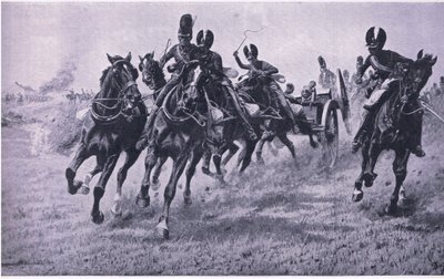 Cannoni in prima linea: Waterloo, 18 giugno 1815, illustrazione da British Battles on Land and Sea, 1915 da William Barnes Wollen