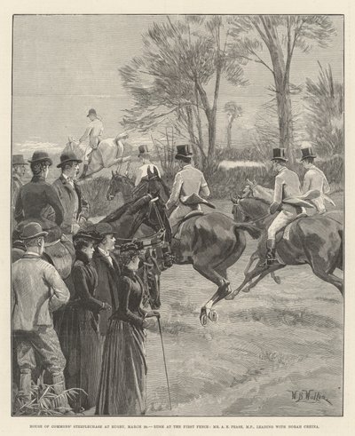 Steeplechase della Camera dei Comuni a Rugby, 29 marzo, corsa al primo ostacolo, Mr A E Pease, MP, in testa con Norah Creina da William Barnes Wollen