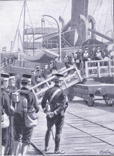 Truppe giapponesi che si imbarcano a Kobe, illustrazione da Cassells History of the Russo-Japanese War Vol 1, c.1900 da William Barnes Wollen