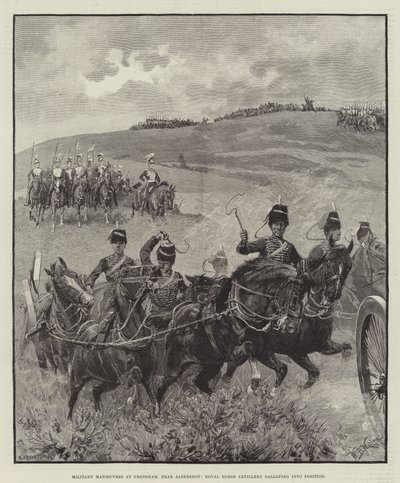Manovre militari a Frensham, vicino ad Aldershot, Royal Horse Artillery in galoppo verso la posizione da William Barnes Wollen