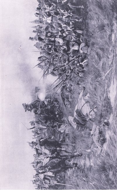 Il 28º Reggimento di Gloucester riceve la cavalleria francese a Waterloo, 18 giugno 1815, illustrazione da British Battles on Land and Sea, 1915 da William Barnes Wollen