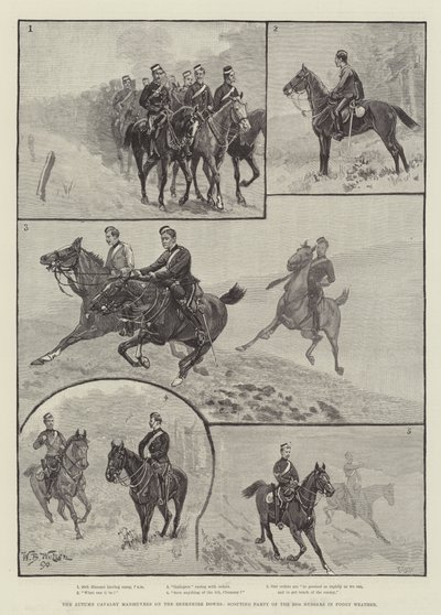 Le manovre di cavalleria autunnali sui Berkshire Downs, pattuglia di ricognizione del 20° Ussari in tempo nebbioso da William Barnes Wollen