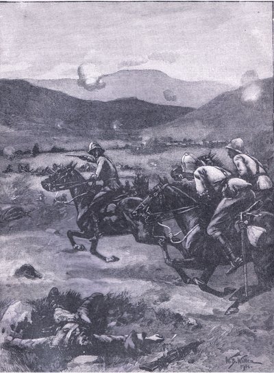 La battaglia di Colenso: il tenente Roberts che galoppa per recuperare il disastro ai cannoni, illustrazione da Cassells History of England, 1900 da William Barnes Wollen