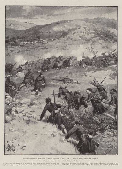 La guerra greco-turca, lo scontro di Mont St Elias, a Nazaros, sulla frontiera macedone da William Barnes Wollen