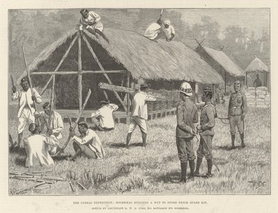 La spedizione Lushai, i Goorkhas costruiscono una capanna per conservare il loro kit di ricambio da William Barnes Wollen