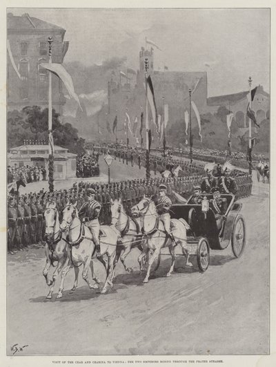 Visita dello Zar e della Zarina a Vienna, i due imperatori che cavalcano attraverso la Prater Strasse da William Barnes Wollen