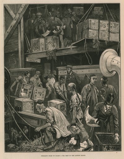 Scarico delle merci a bordo di una nave da tè nei moli di Londra da William Bazett Murray