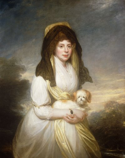 Ritratto della regina Carlotta, a tre quarti, in un vestito bianco, uno scialle giallo e una mantiglia nera, con un cane maltese, nei giardini di Frogmore House da William Beechey