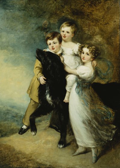 Tre bambini con un cane in un paesaggio da William Beechey