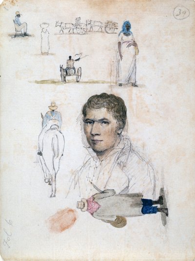 Otto piccoli disegni, tra cui ritratto, studi di figure, carri, dell