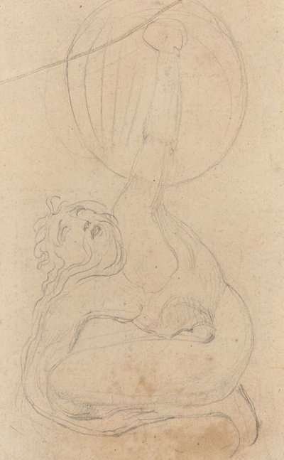 Una figura accovacciata che tiene uno scudo da William Blake