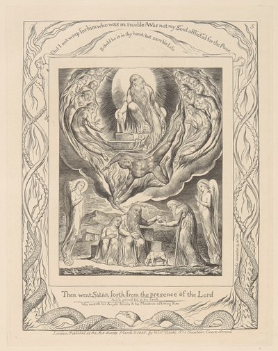 Libro di Giobbe, Tavola 5, Satana che Esce dalla Presenza del Signore e la Carità di Giobbe da William Blake