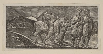 Ragazzo che torna gioiosamente, con aratro e buoi, da Le pastorali di Virgilio di Thornton, 1821 da William Blake