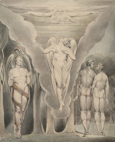 Illustrazione 4 per il "Paradiso Perduto" di Milton: Satana spia Adamo ed Eva e la discesa di Raffaele nel Paradiso da William Blake