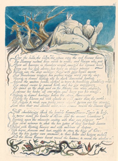 "Über die Hügel, die Täler, die Städte wüten die roten Flammen heftig..." (Platte 18) da William Blake