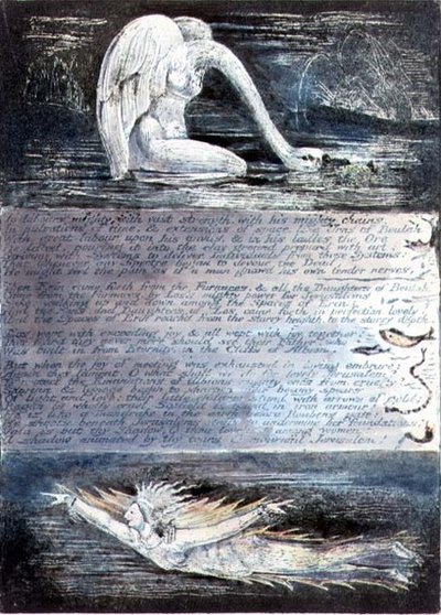 Tavola II, Gerusalemme, c.1804-20. Le figlie di Albion rappresentate da creature simili a cigni e pesci da William Blake