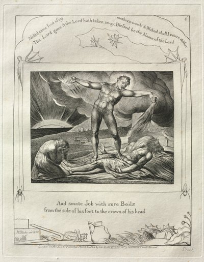 Il Libro di Giobbe: Pl. 6, E colpì Giobbe con piaghe dolorose dalla pianta del piede..., 1825 da William Blake