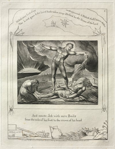 Il Libro di Giobbe: Tav. 6, E colpì Giobbe con piaghe dolorose / dalla pianta del piede alla sommità della testa da William Blake