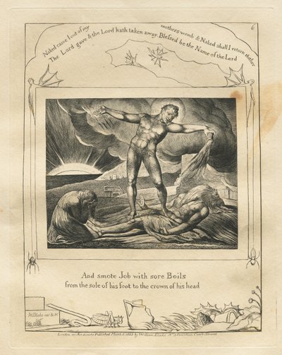 Il Libro di Giobbe: Pl. 6, E colpì Giobbe con piaghe dolorose dalla pianta del piede alla sommità del capo da William Blake